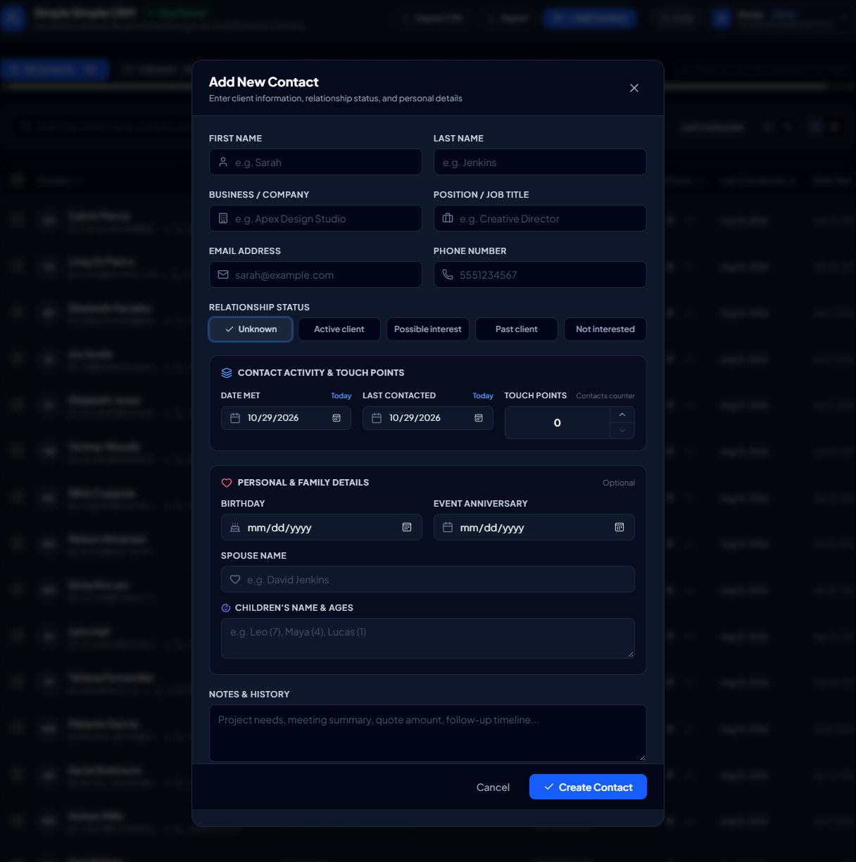 Add New Contact form in the custom CRM built for a law firm, with contact details, relationship status, touch points, personal details and notes